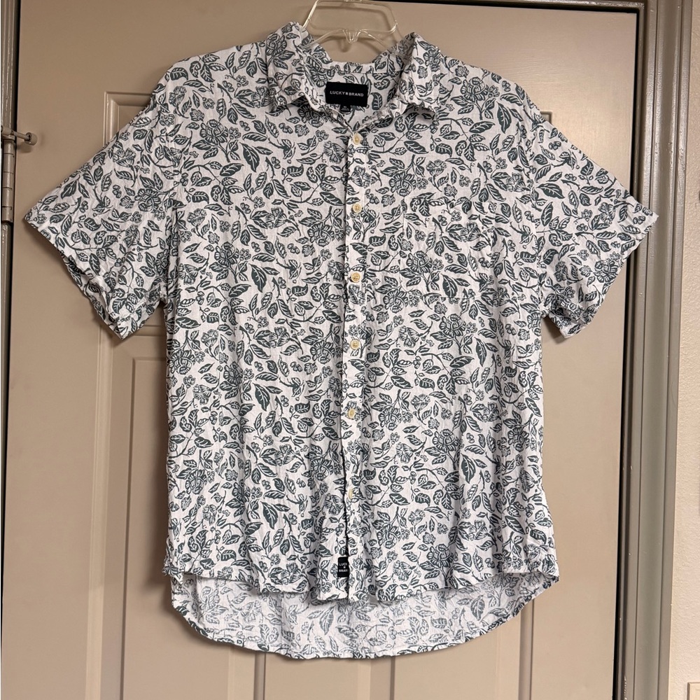 Lucky Brand Men’s Size XL Off-White and Green Leaf Pattern Linen Blend Shirt